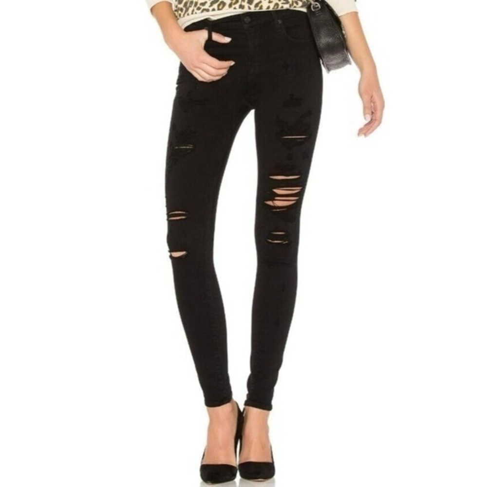 Agolde black distressed high rise ripped skinny jeans, size 27